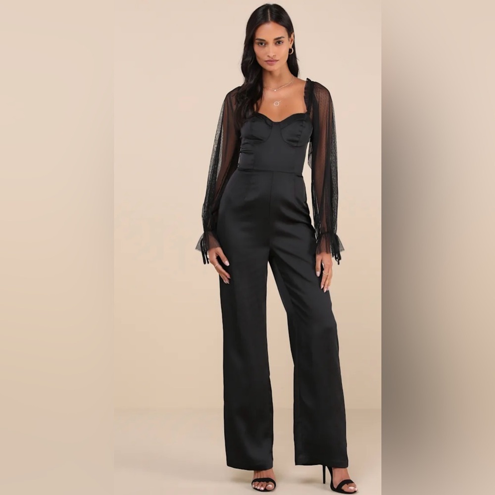 Lulus Black Satin‎ Mesh Long Sleeve Evening Jumpsuit – Size Small